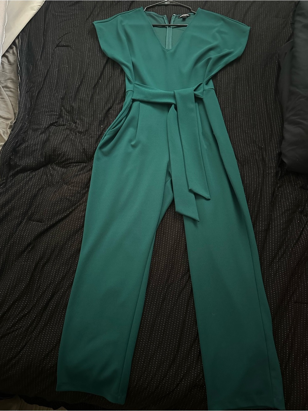 Express Teal V-Neck Belted Wide-Leg Jumpsuit